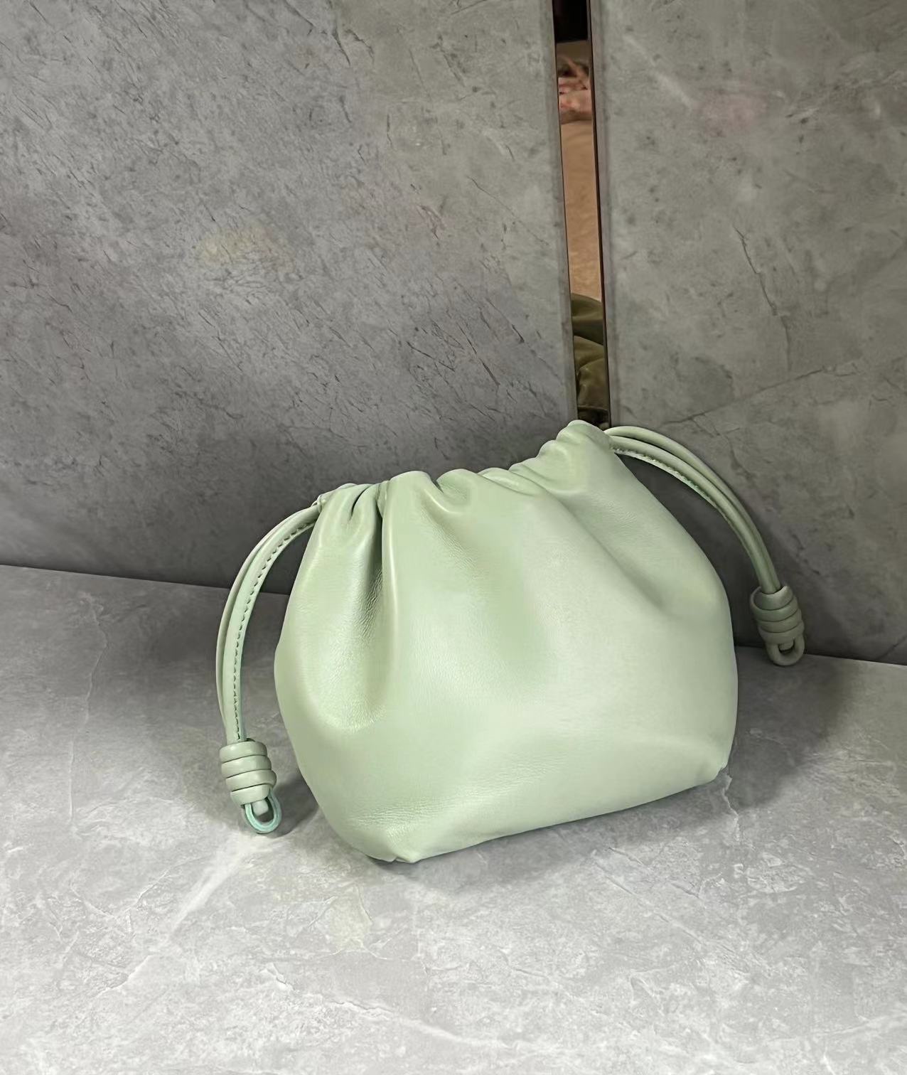 Loewe Mini Flamenco Purse bag in mellow nappa lambskin Beton Green